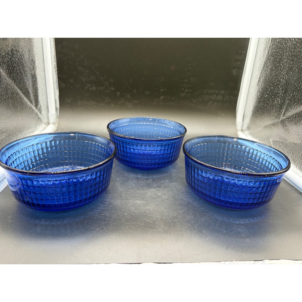 Wexford Cobalt Blue Glass Custard Dessert Bowls Set of 3 Mexico